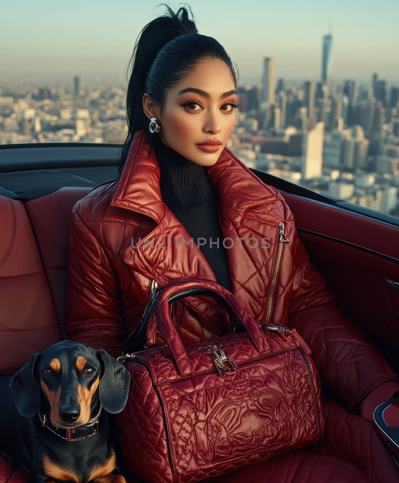 An elegant woman in the back seat of a luxury car, with  dachshund. AI generative.