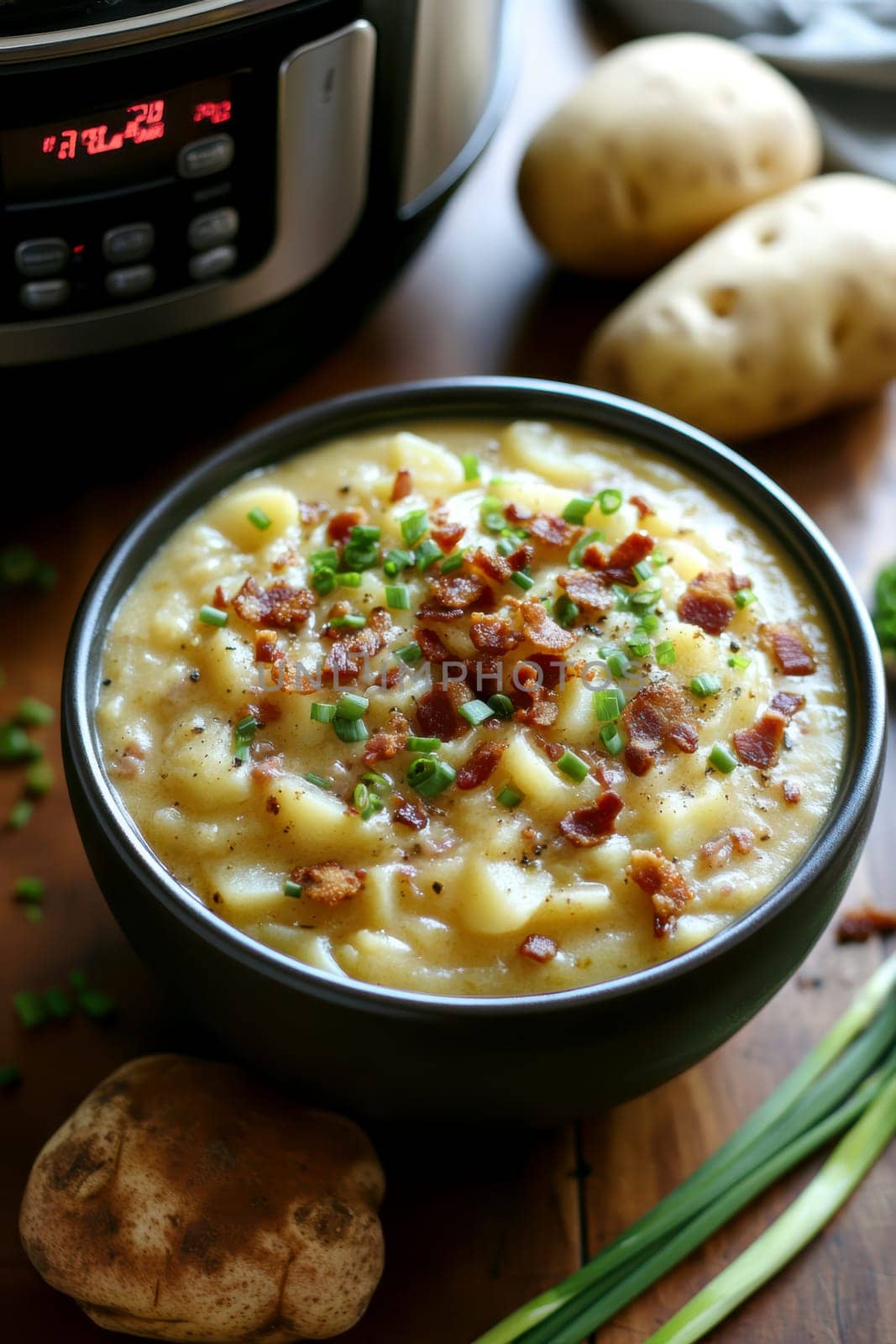 a creamy potato soup served in a large bowl. AI generative.
