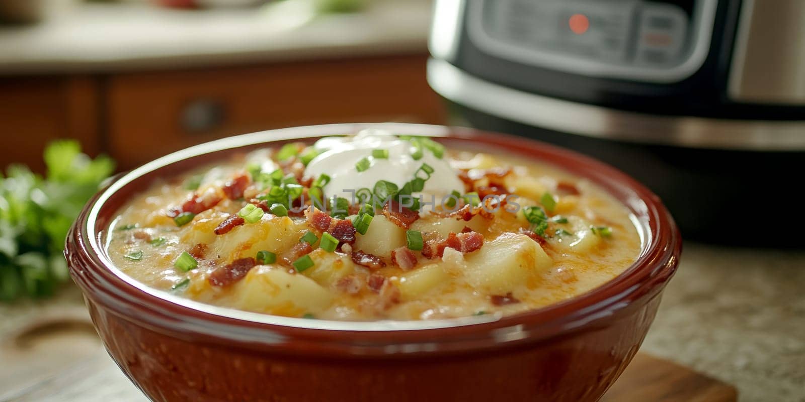 a creamy potato soup served in a large bowl. AI generative.