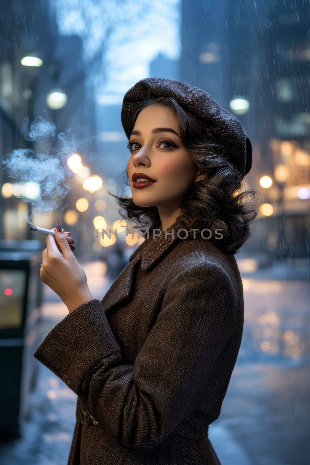 Woman dressed in 80s style smoking a cigarette on the street. AI generative.
