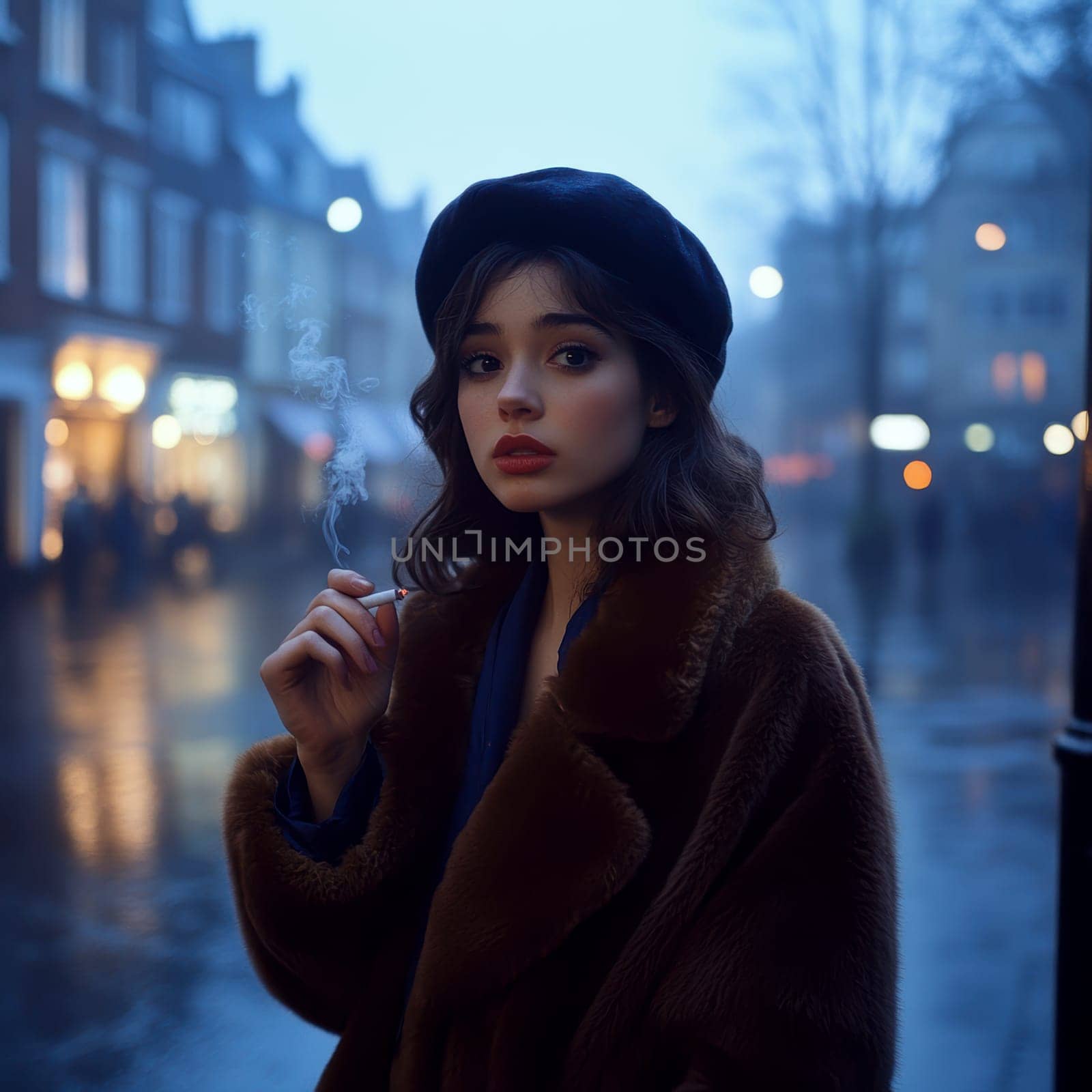 Woman dressed in 80s style smoking a cigarette on the street. AI generative.