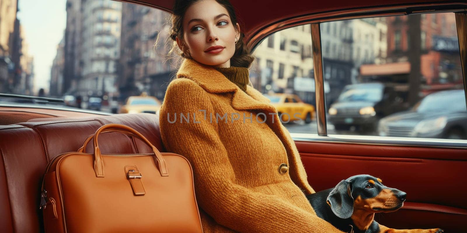An elegant woman in the back seat of a luxury car, with  dachshund. AI generative.