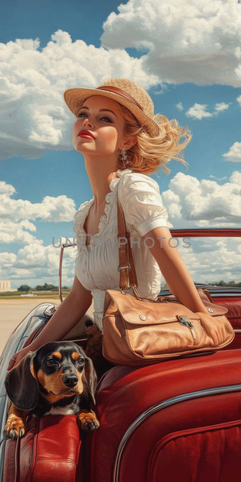 An elegant woman in the back seat of a luxury car, with  dachshund. AI generative.