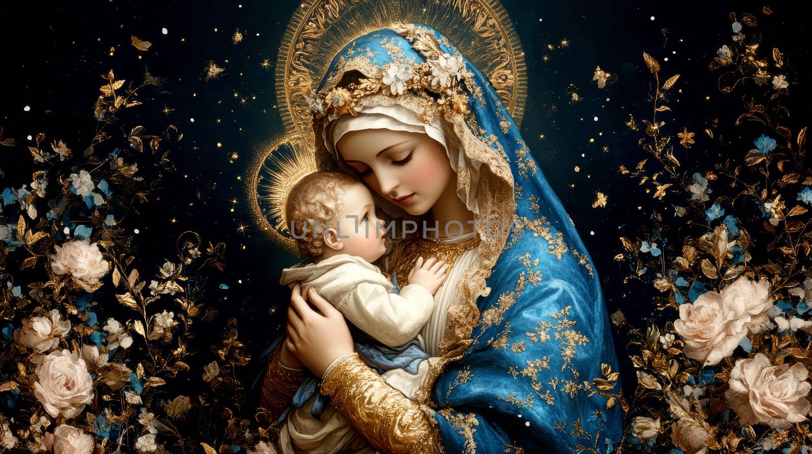 Mother of God with a baby. AI generative.