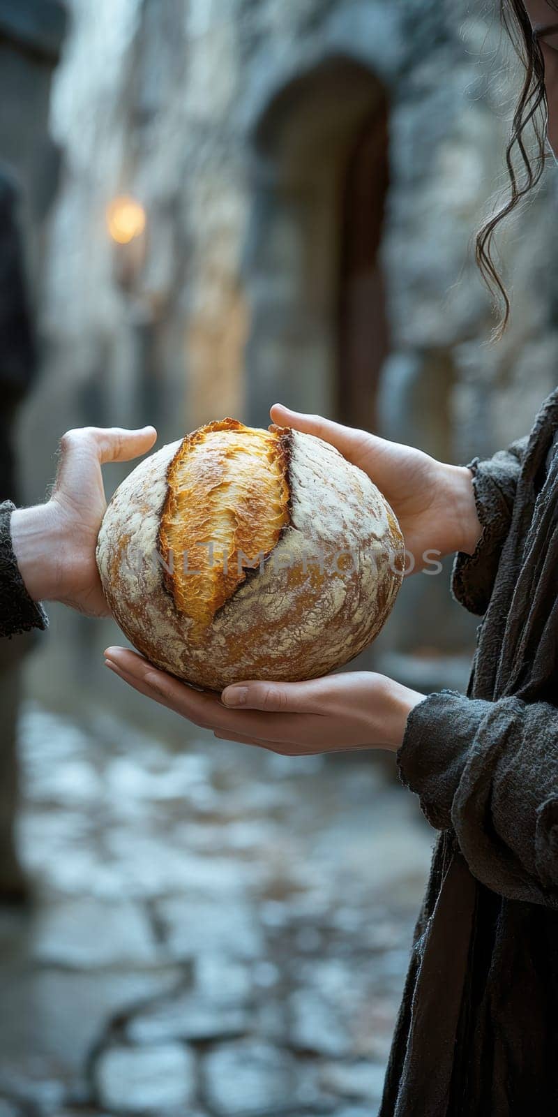 passing a loaf of bread from one hand to another, symbolizing sharing and human ties. AI generative.