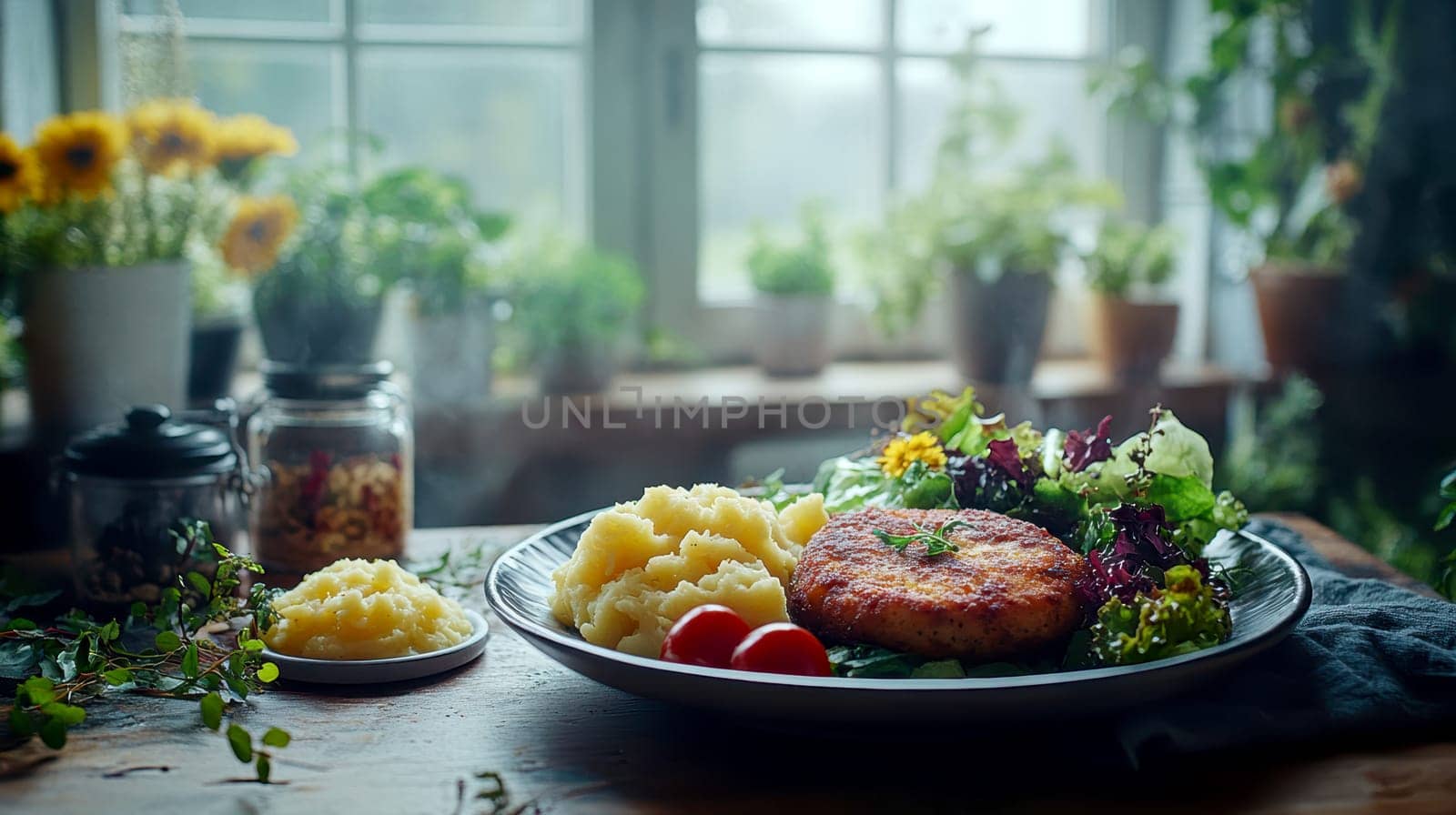 delicious homemade schnitzel on a plate, surrounded by fresh salad and a side of mashed potatoes. AI generative.