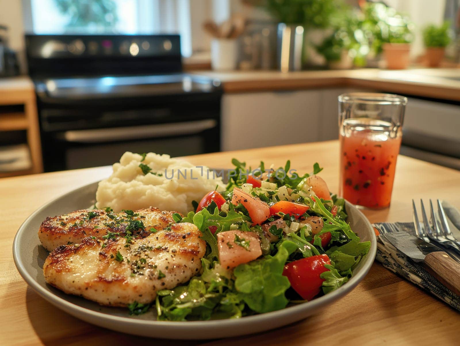 delicious homemade schnitzel on a plate, surrounded by fresh salad and a side of mashed potatoes. AI generative.