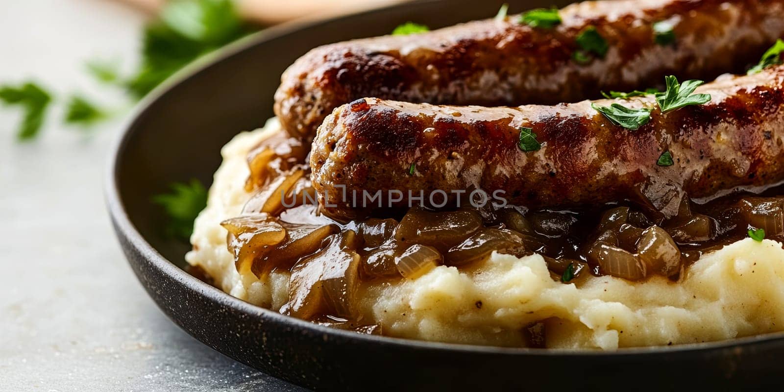Traditional Polish dish, potatoes with baked kielbasa and onion sauce. AI generative.