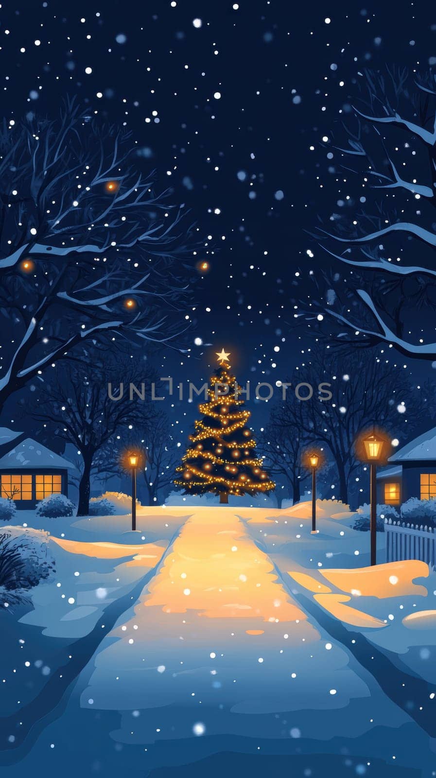 city on New Year's Eve, Christmas tree in the middle AI generative.