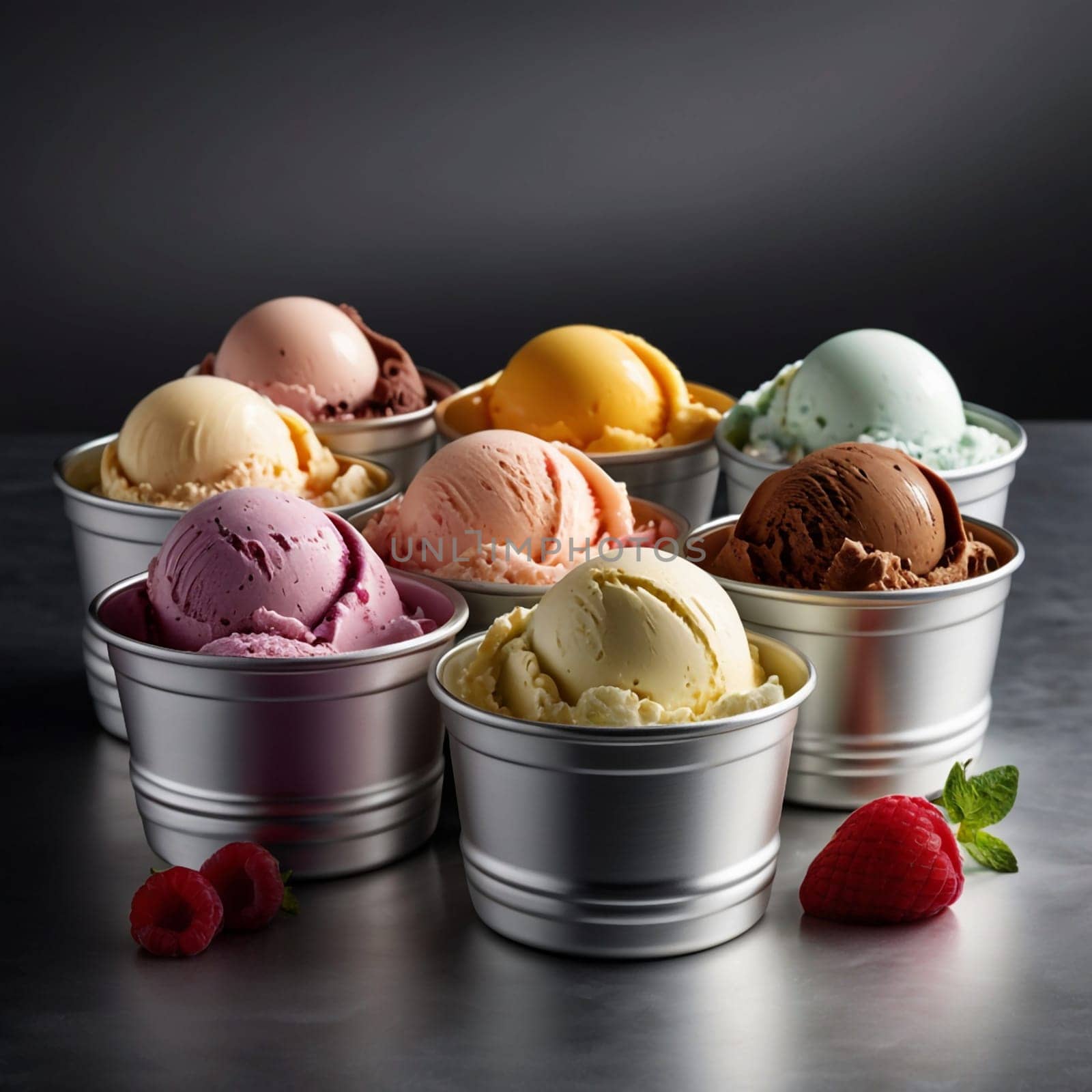 A close-up image of several scoops of different-colored ice cream in individual metal cups. Fresh berries are placed beside the cups, adding a vibrant touch. AI-generated photo.