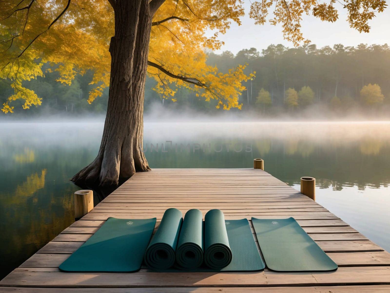 Three rolled-up teal yoga mats are neatly arranged on a wooden dock extending over a tranquil lake. A large tree with golden autumn leaves provides shade. AI-generated photo.
