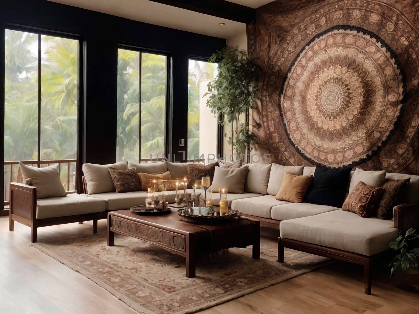 A cozy and stylish living room featuring a large, round mandala tapestry on one wall. The room is decorated with a beige sectional sofa, wooden coffee table, and warm lighting. AI-generated photo.