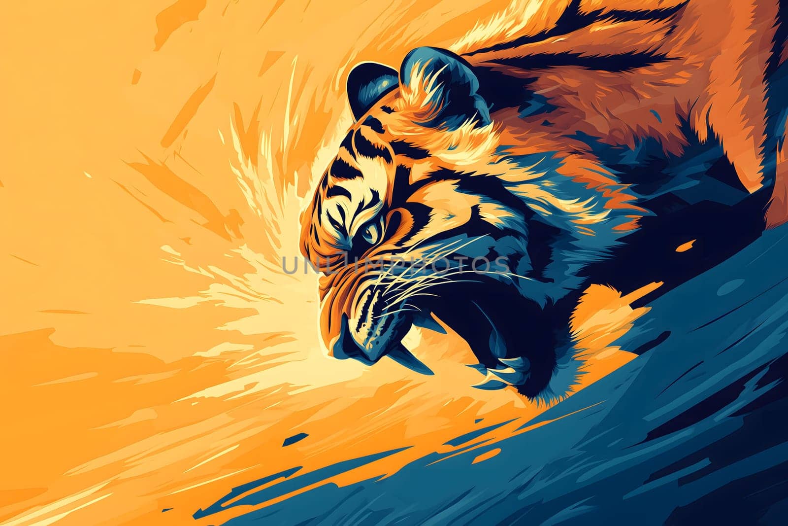 powerful tiger with a fierce roar, embodying untamed energy and unstoppable strength, AI generated image