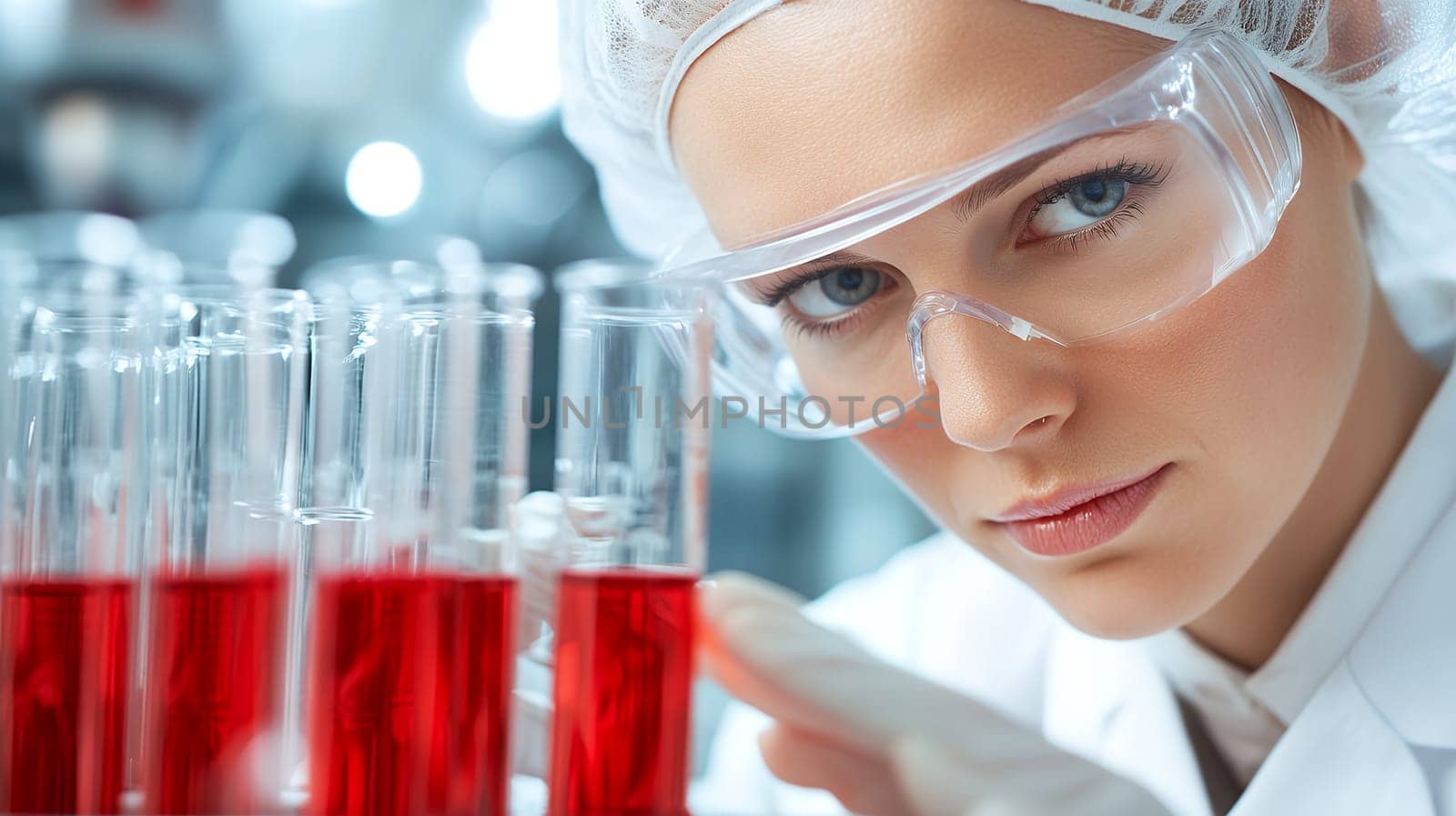 Female scientist wearing protective goggles, closely examining test tubes filled with red liquid in a laboratory.