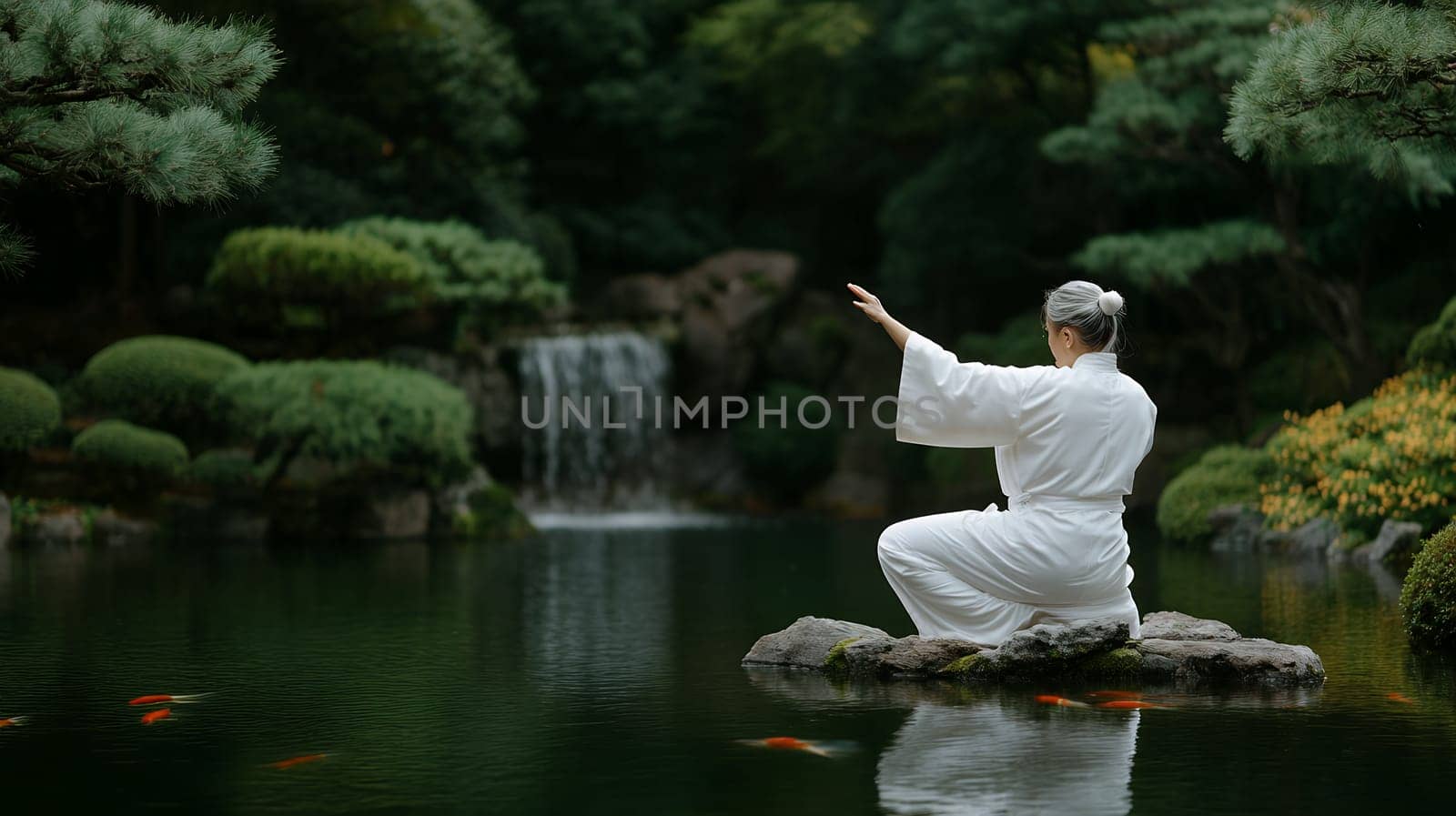 A person practices Tai Chi by a pond in a tranquil Japanese garden, promoting peace and mindfulness.