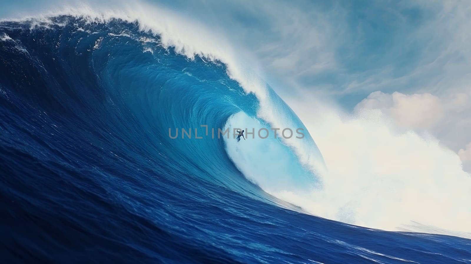 A daring surfer skillfully rides a massive wave, showcasing the thrill and adventure of surfing.