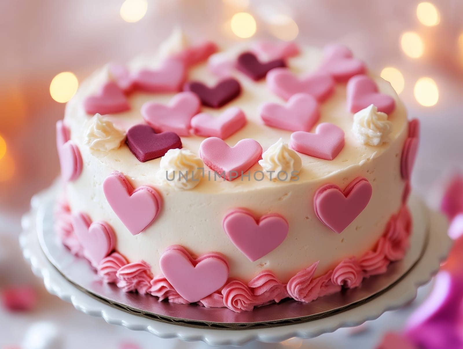 A charming cake adorned with pink heart decorations, ideal for romantic celebrations and parties.