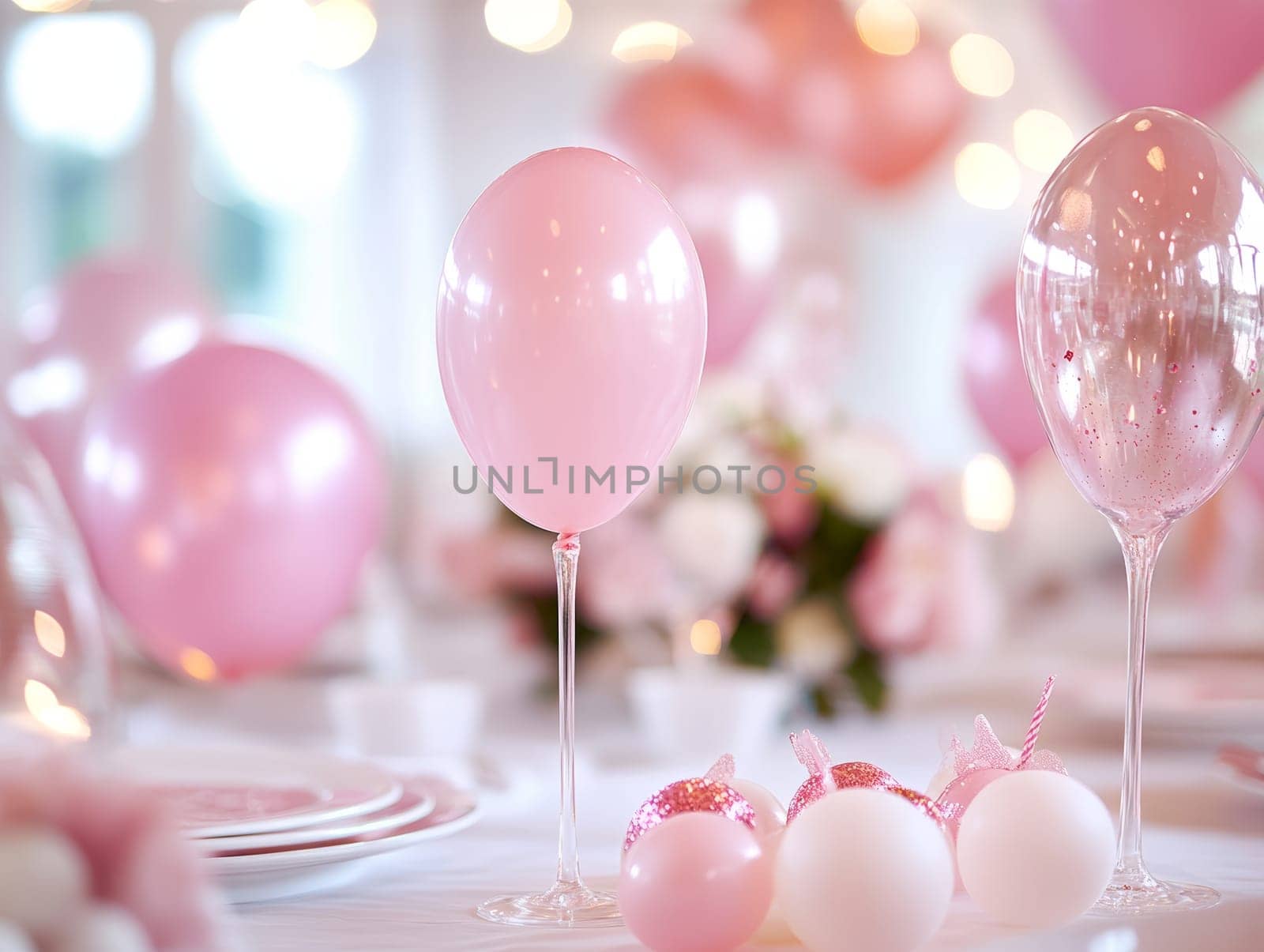 A pink-themed party table setting featuring balloons, candles, and elegant decorations in a festive atmosphere.