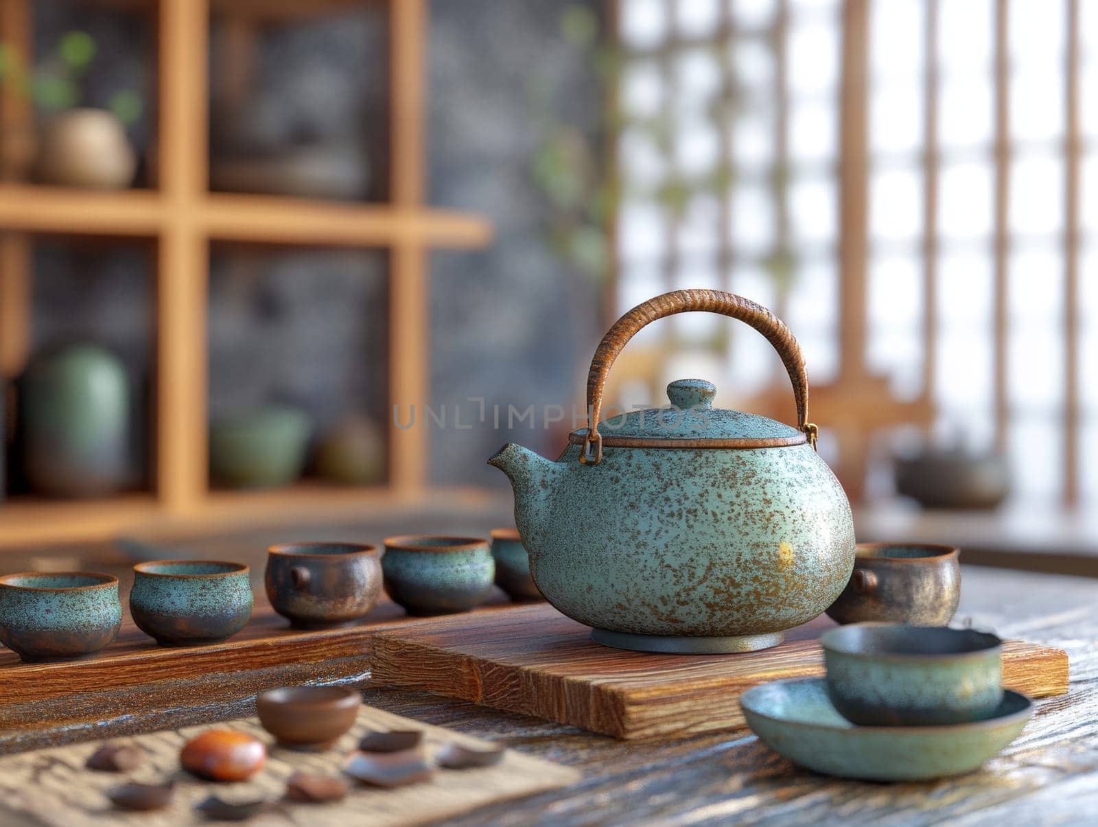 A rustic teapot with matching cups on a wooden table, set in a cozy, traditional tea room ambiance.
