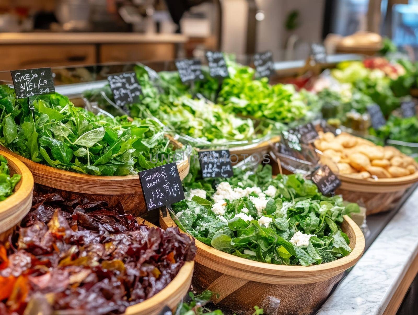 A vibrant display of fresh salads and greens in a wooden bowl arrangement at a salad bar.