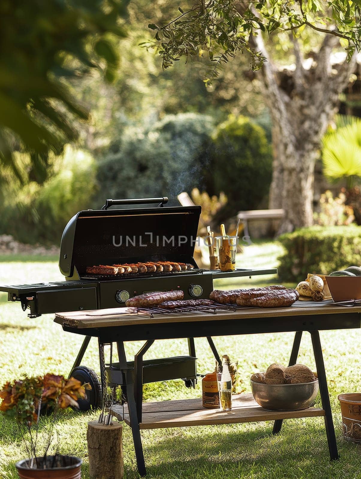 An outdoor barbecue grill with sizzling meats, set in a lush garden on a sunny day, perfect for gatherings.