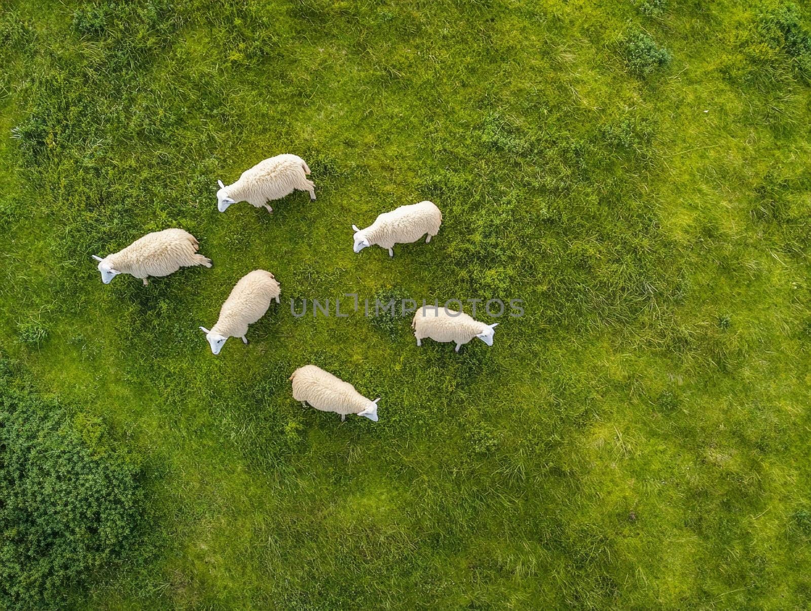 Aerial view of a flock of sheep grazing in a lush green field, showcasing the beauty of pastoral life and nature.