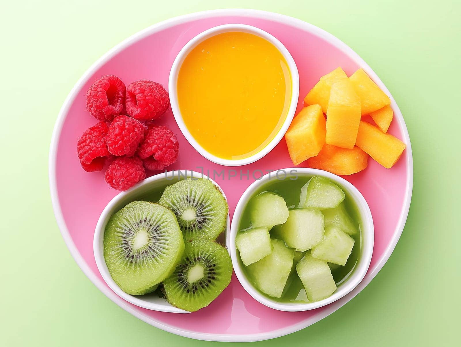 A vibrant fruit platter featuring raspberries, kiwi, melon, and mango puree, set against a pastel background.