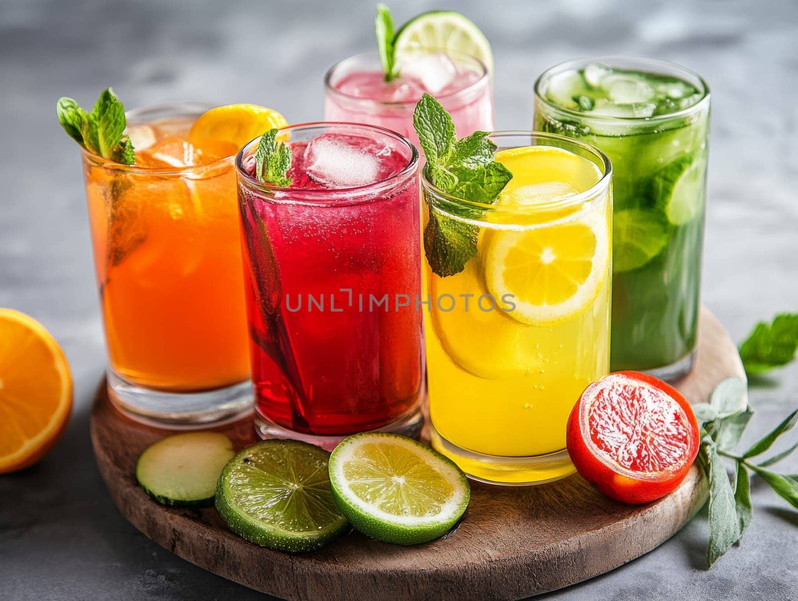 A variety of refreshing fruit drinks in glasses with mint and citrus slices on a wooden board.