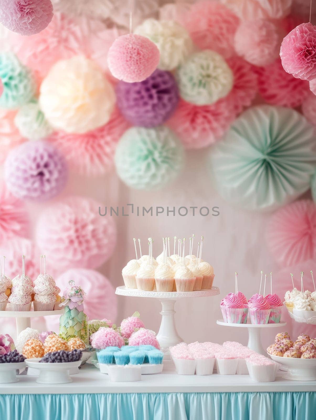 A delightful pastel-themed dessert table adorned with cupcakes and decorative paper flowers, perfect for celebrations.