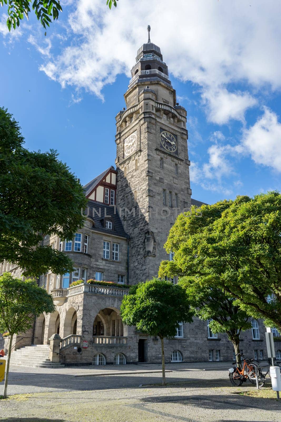 Town hall in Wittenberge, Barndenburg, Germany with blue sky and white clouds