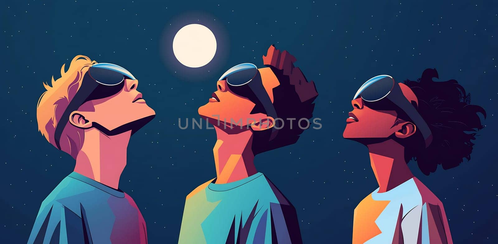 Three friends gaze upward under a starry sky, wearing sunglasses and captivated by the bright full moon. The atmosphere is lively and enchanting.