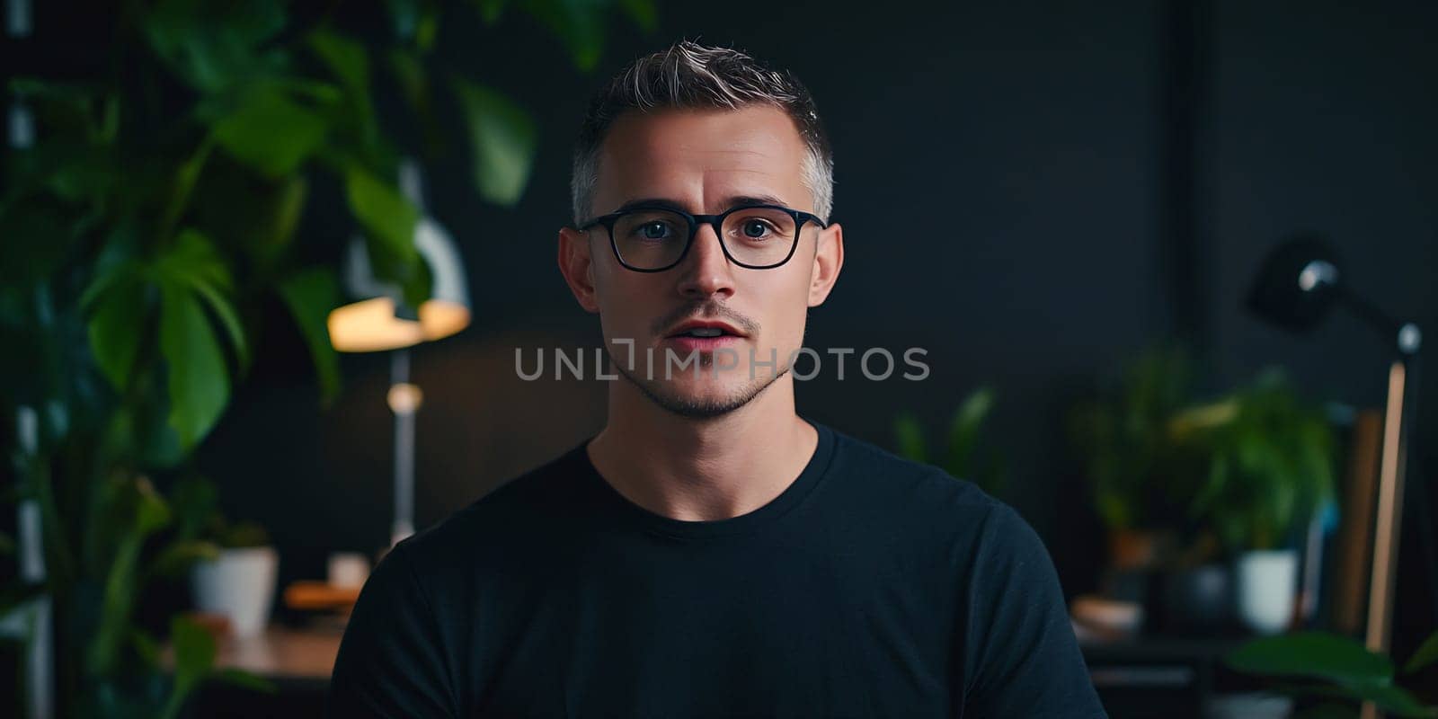A man with glasses is engaged in conversation in a stylish office filled with plants. Soft lighting enhances the focused atmosphere.