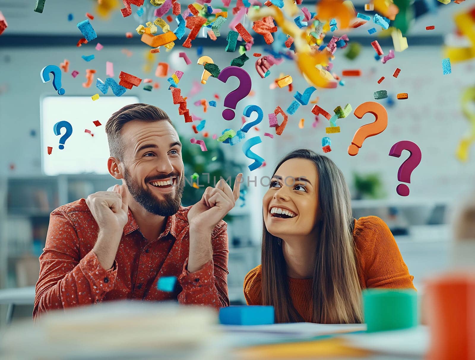 Two friends celebrate in a bright office with confetti flying around, showing joy and excitement while surrounded by colorful decorations.