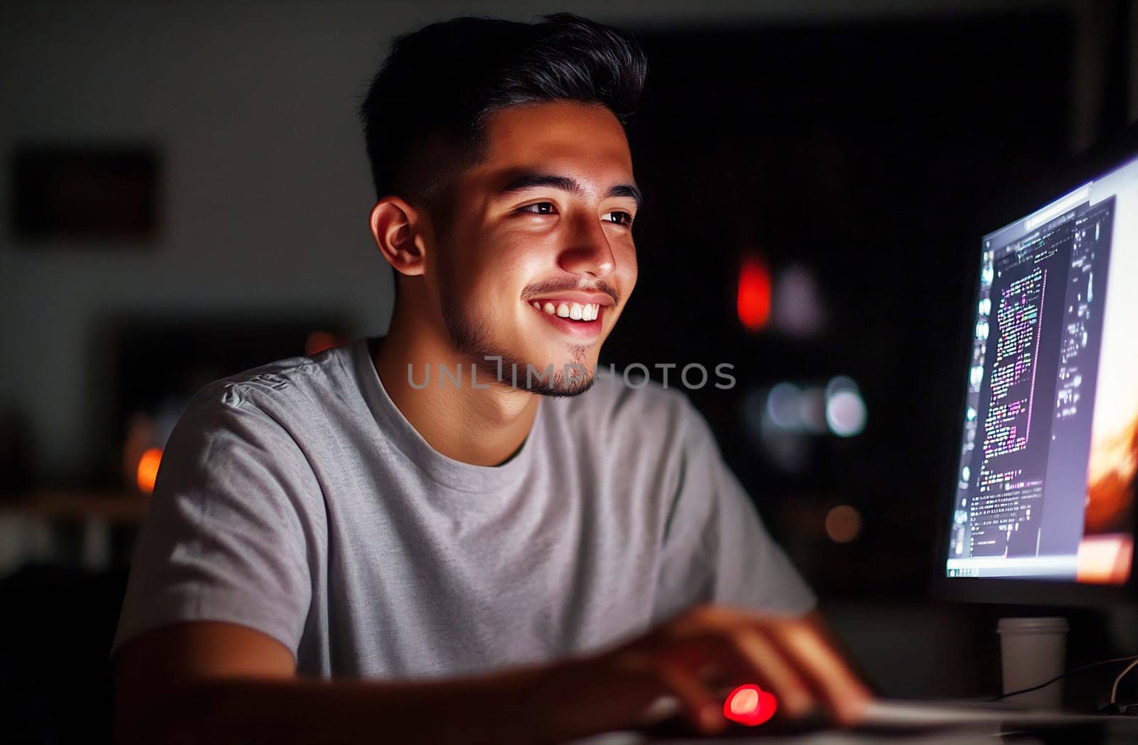 A young man is focused on coding at his computer, illuminated by the screen, in a cozy room during nighttime.