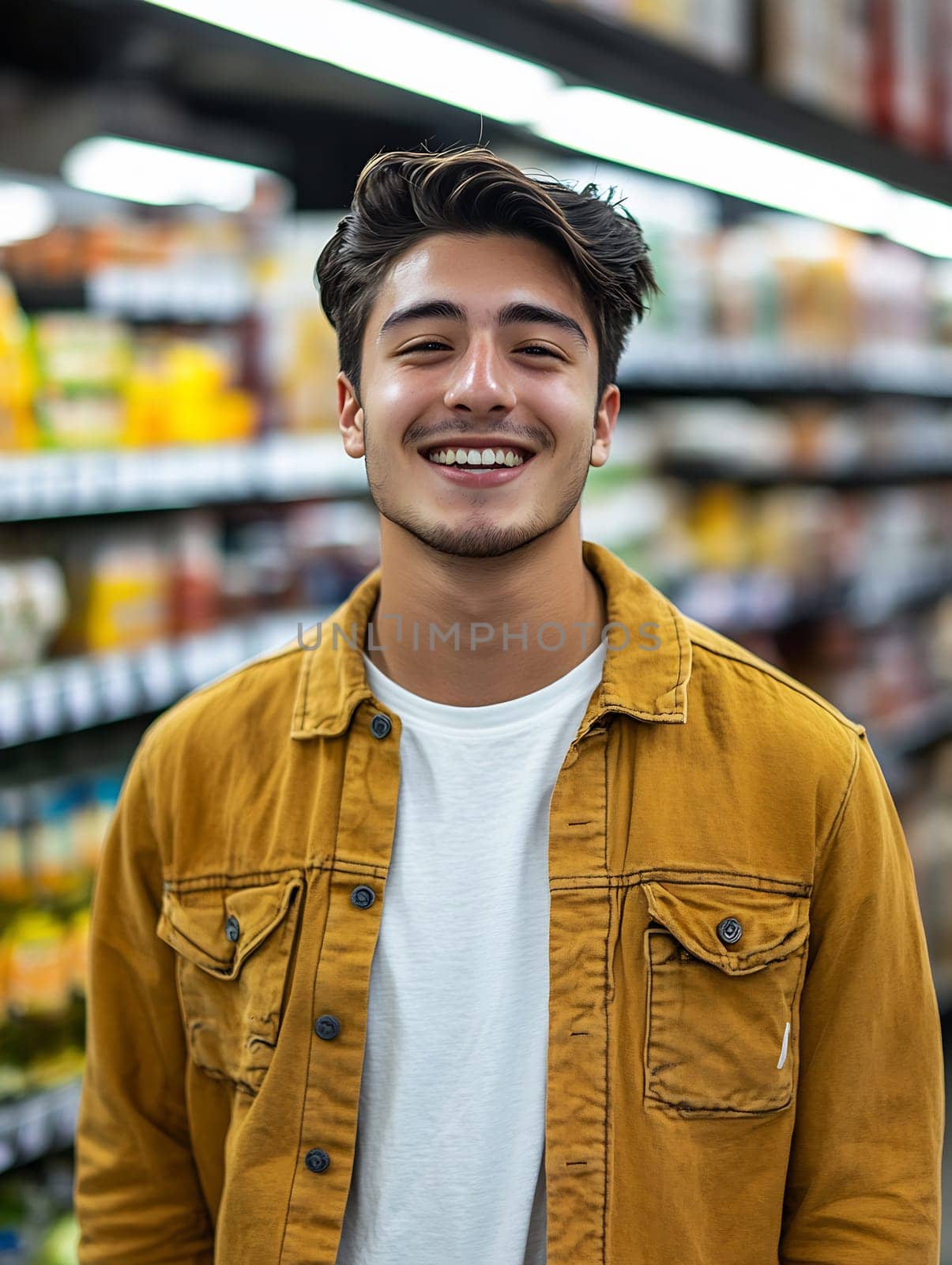 A young man with brown hair and a cheerful smile stands in a grocery store aisle surrounded by colorful products.
