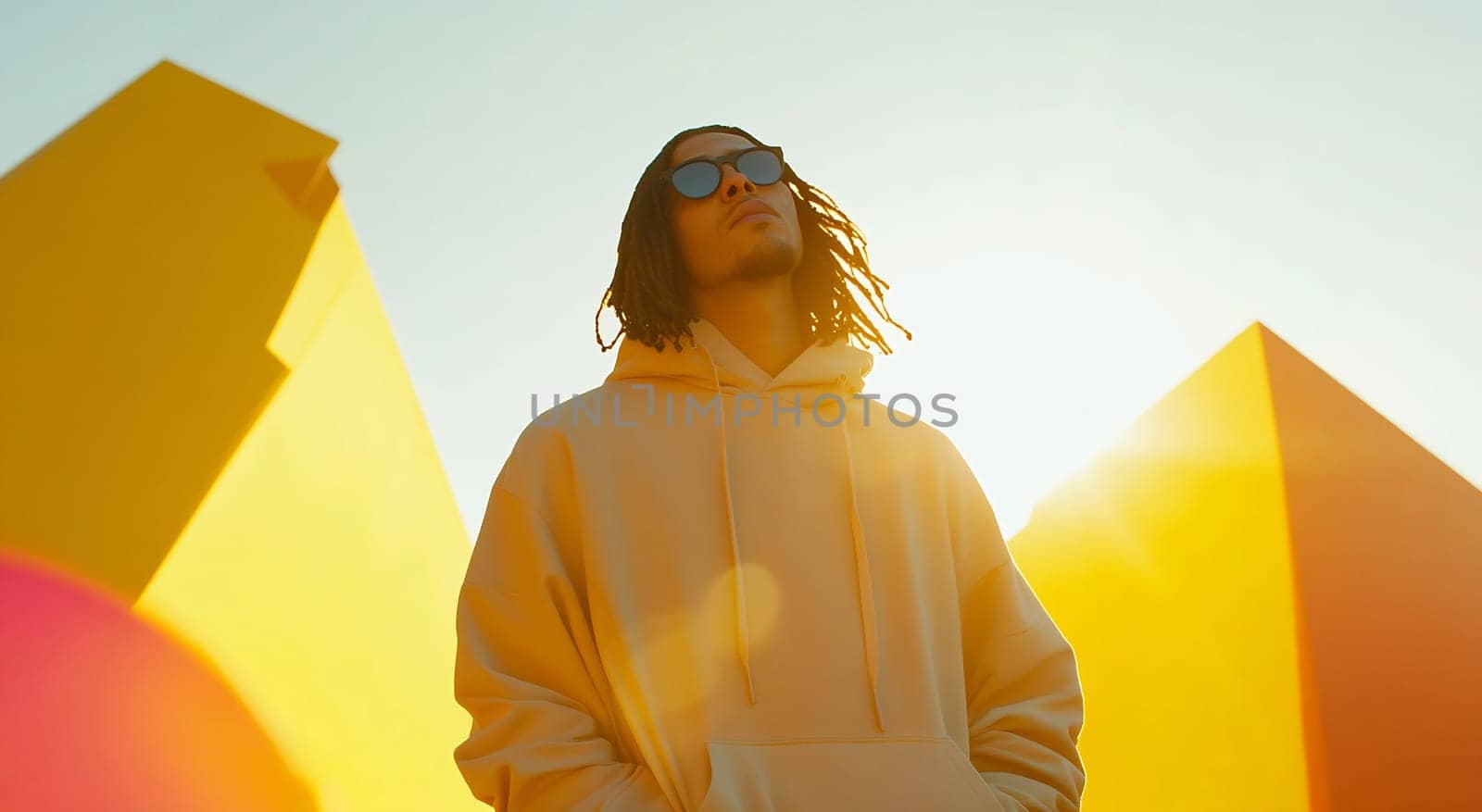 A young man with sunglasses stands confidently against vibrant orange structures under a bright sunny sky during late afternoon.
