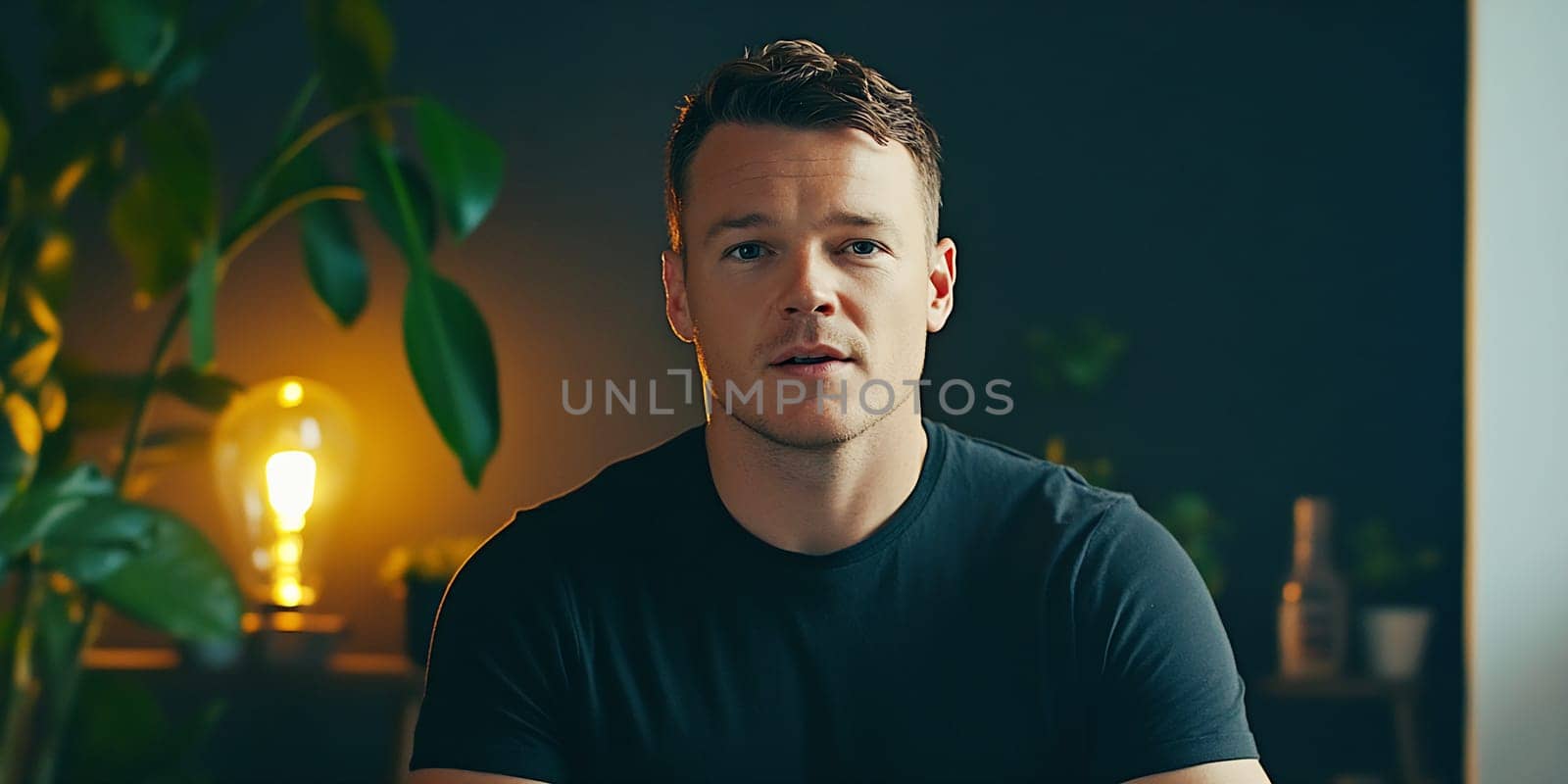 A man in a black shirt is speaking directly to the camera in a cozy room with soft lighting and plants in the background.
