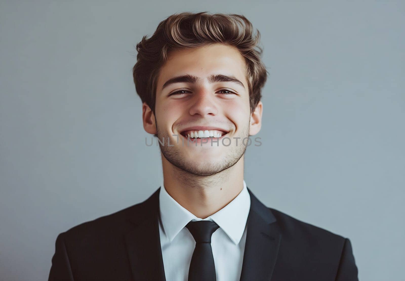A well-dressed young man smiles confidently in a tailored suit and tie against a neutral background, exuding positivity and charm.