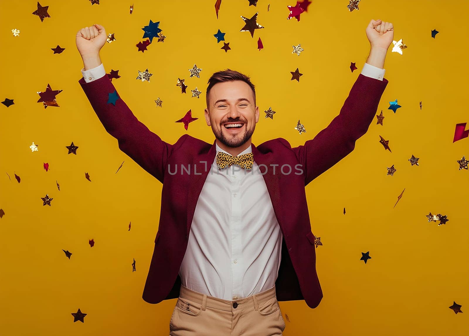 A man in a dark blazer is celebrating with arms raised, smiling against a vibrant yellow backdrop filled with sparkling confetti.