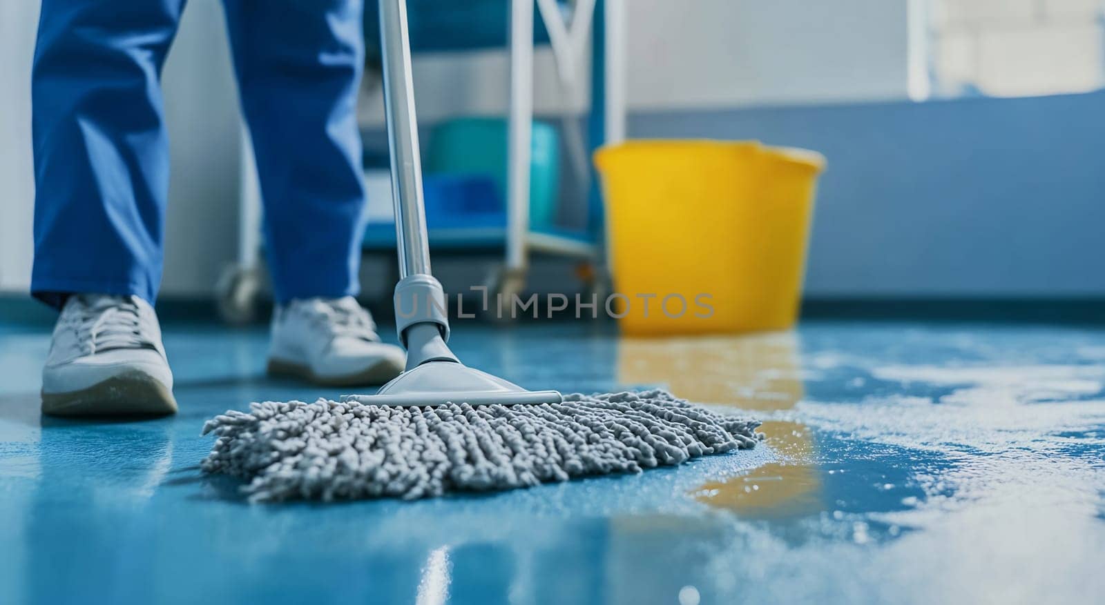 A person is mopping a shiny blue floor in a clean, well-lit indoor space with a yellow bucket nearby.