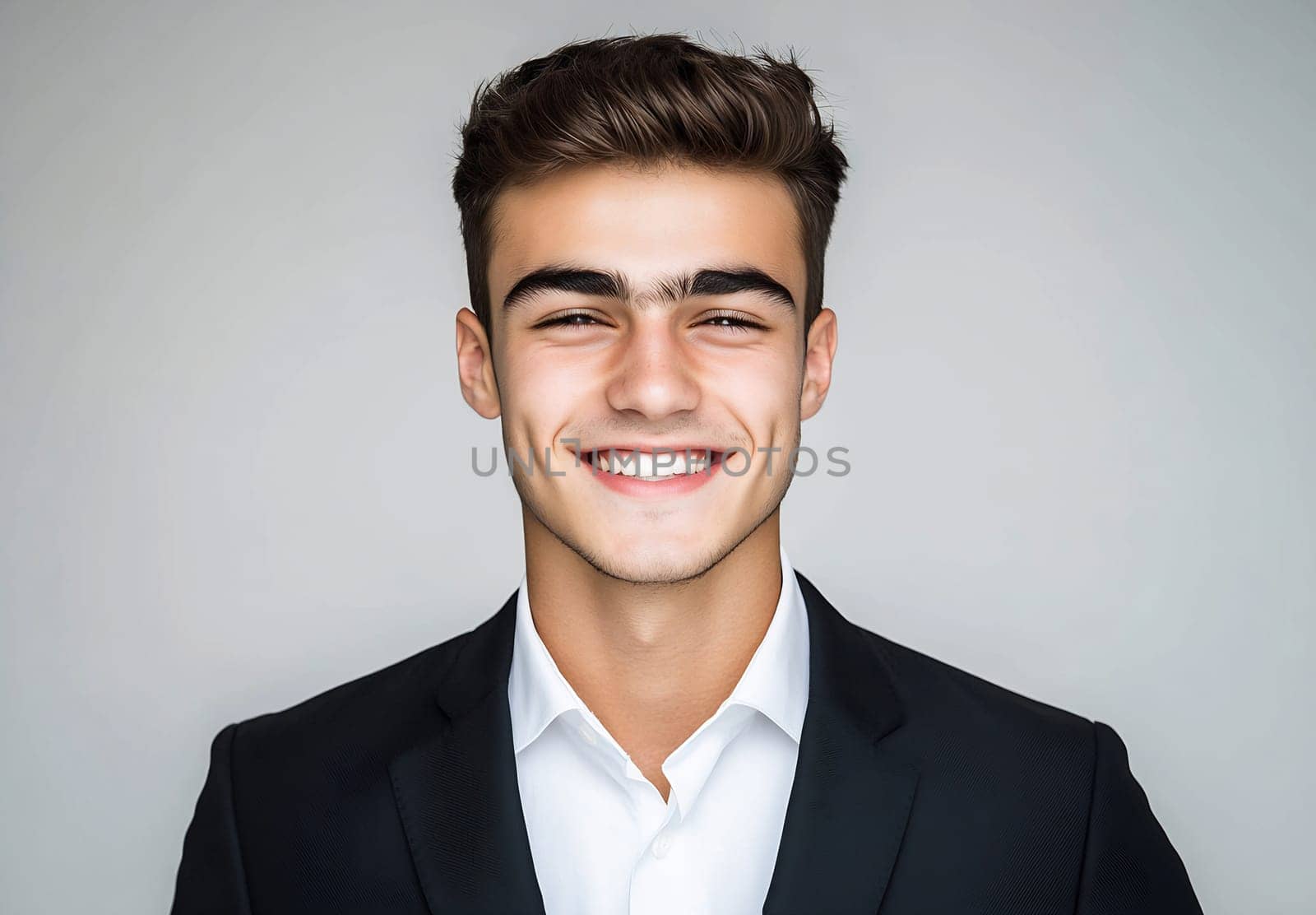 A young man is smiling confidently, dressed in a formal suit and white shirt against a neutral background, conveying a positive vibe.