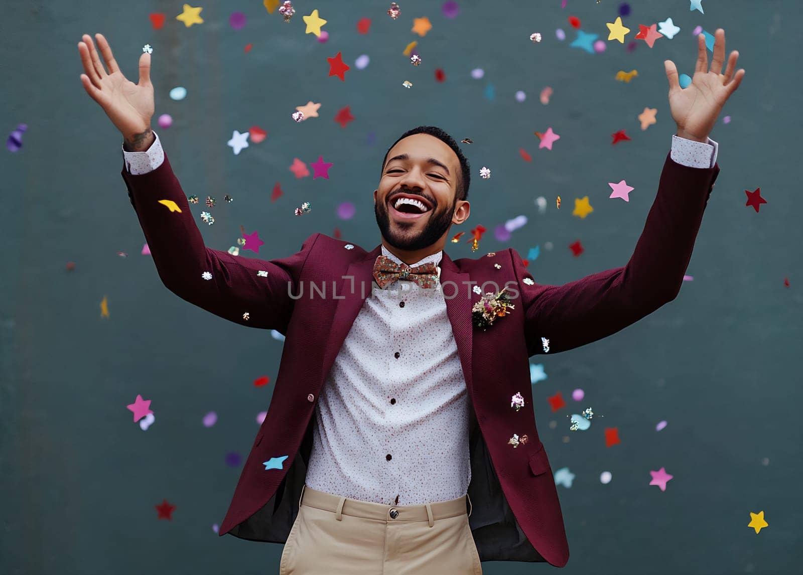 A man in a stylish maroon suit joyfully throws colorful confetti into the air against a solid background, capturing a festive atmosphere.