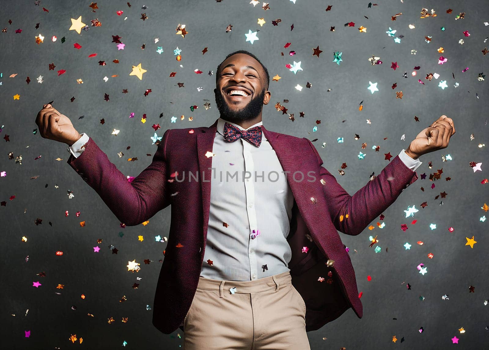 A man in a suit joyfully celebrates, surrounded by colorful confetti falling from above in a festive atmosphere.