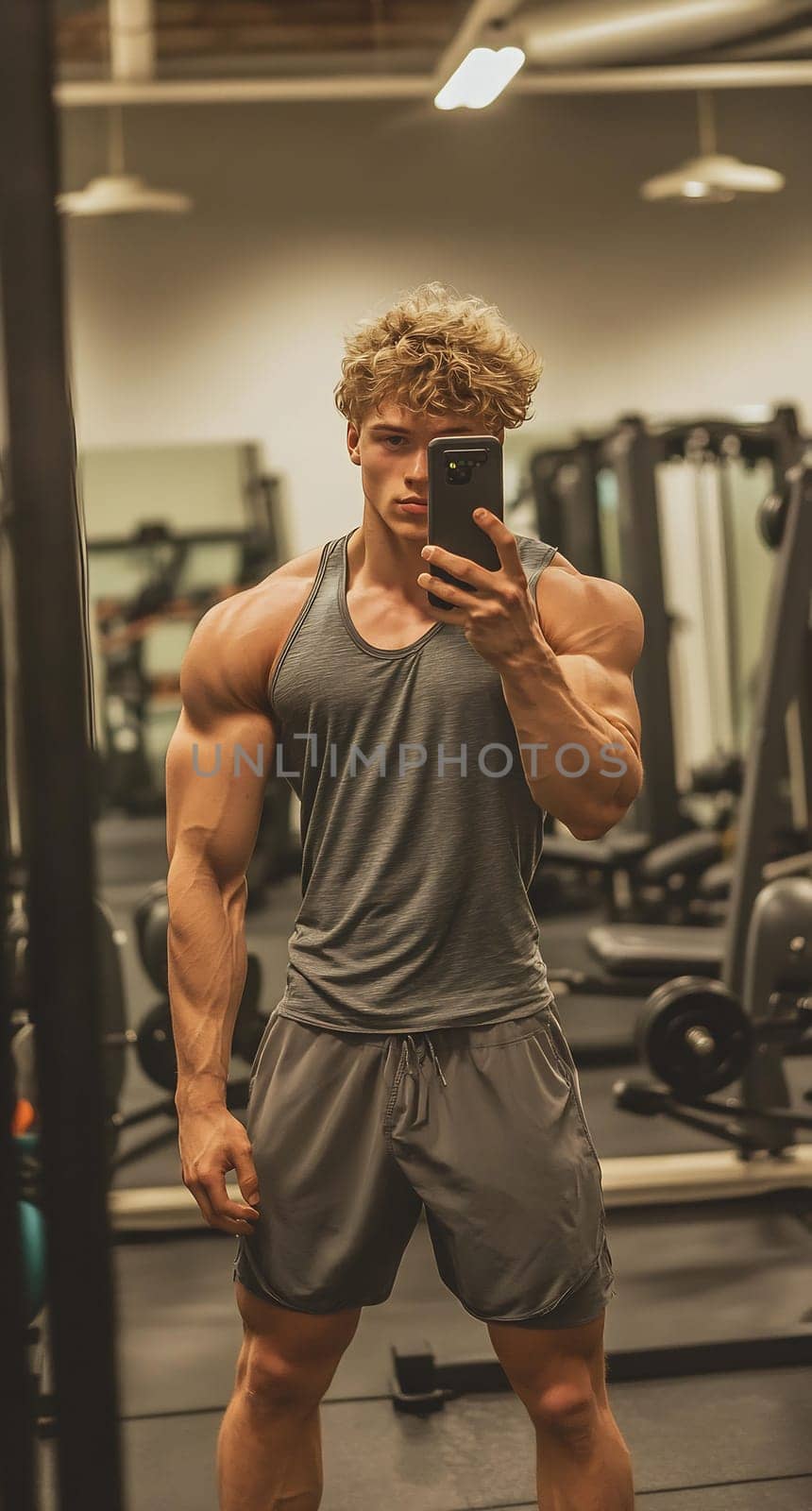 Young man with muscular build takes a mirror selfie in a gym, showcasing his dedication to fitness and strength training.