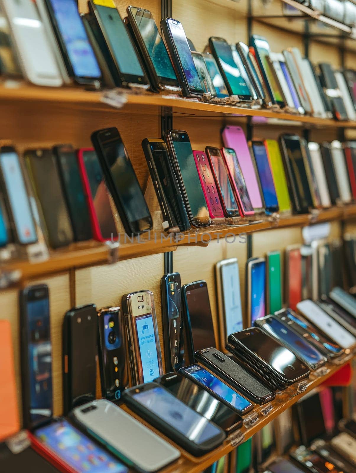 A wide selection of smartphones on display in a store, showcasing various models and colors.