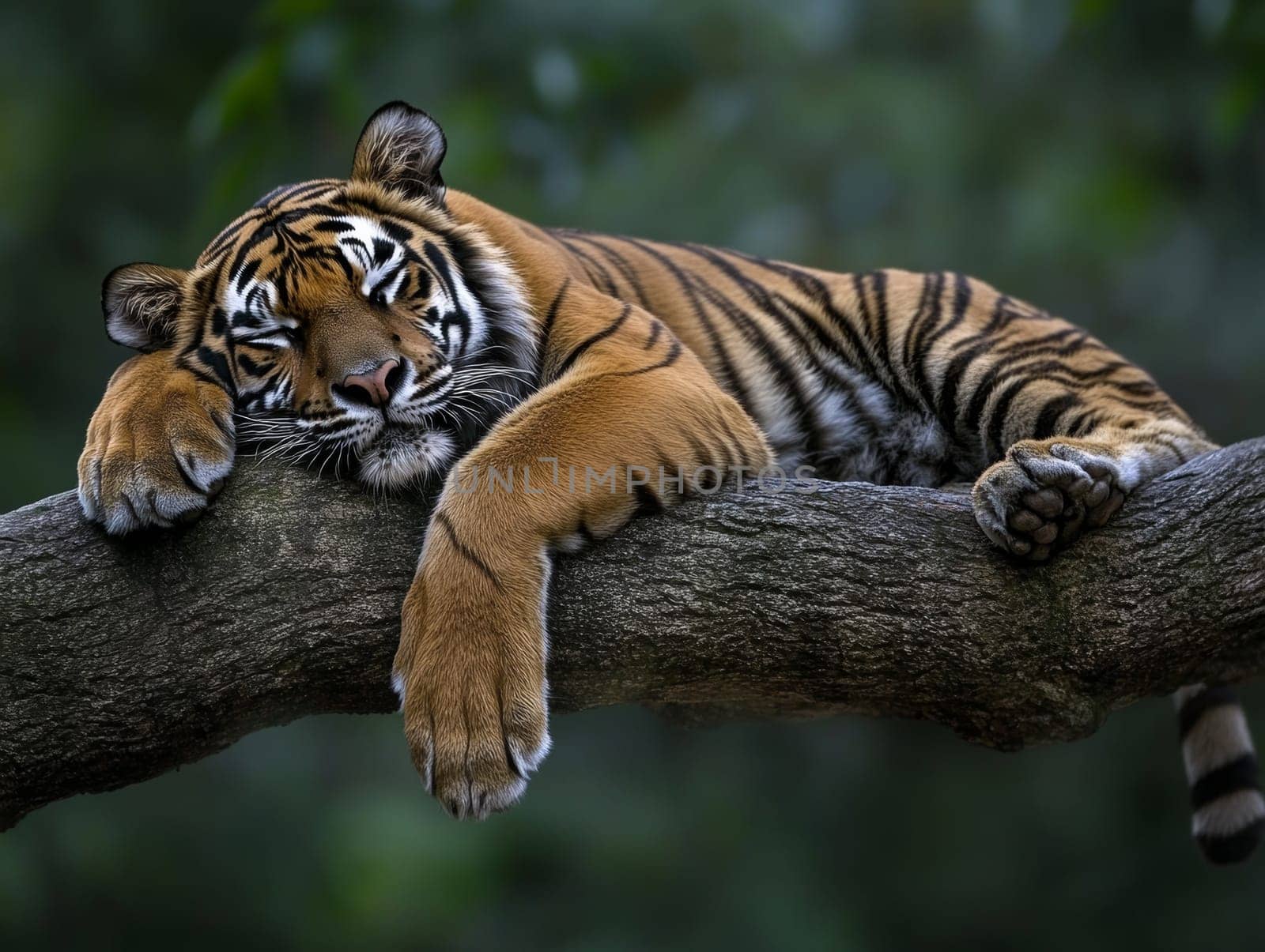 A majestic tiger lounging peacefully on a tree branch, showcasing its natural grace and beauty.