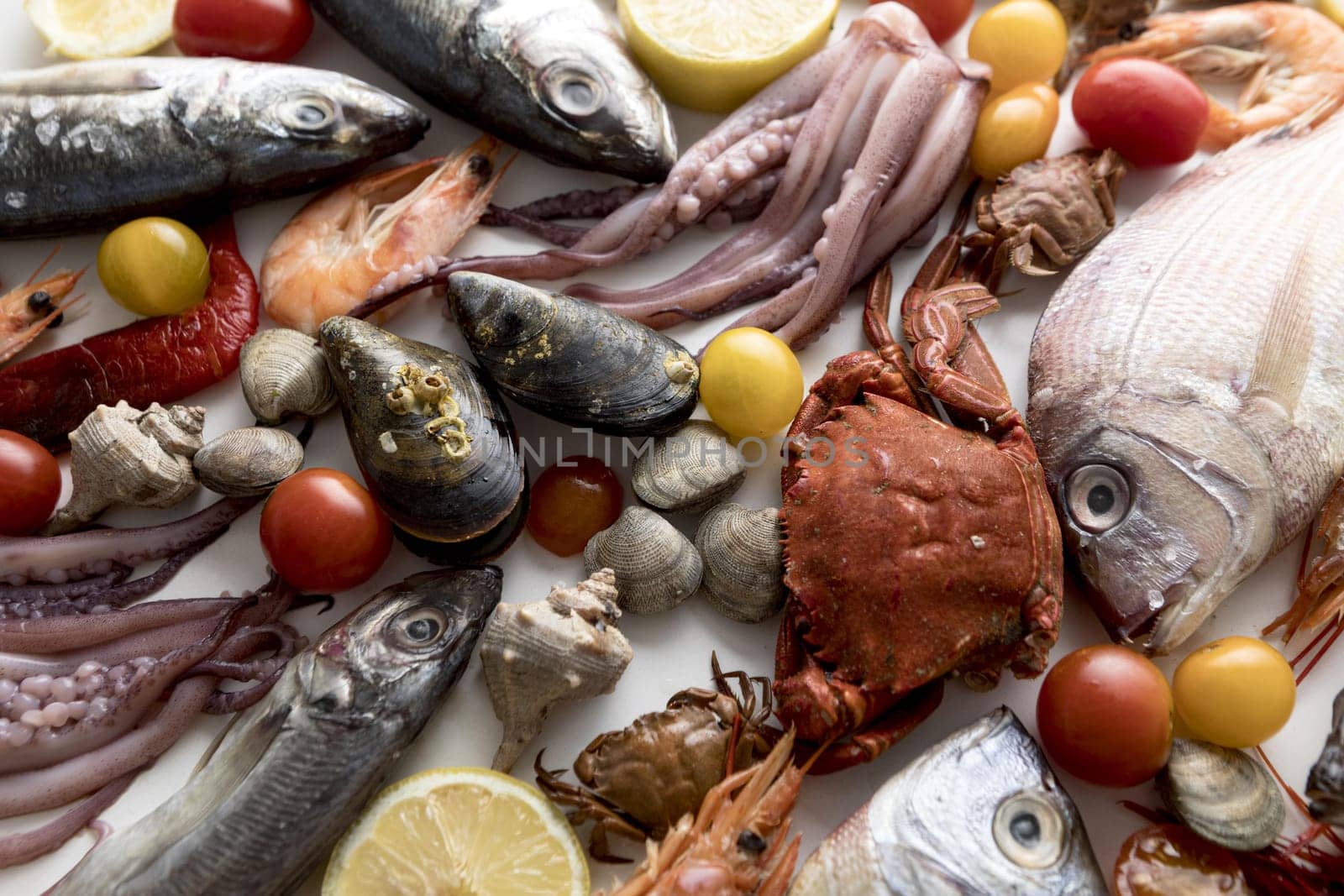top view assortment seafood with tomatoes. Resolution and high quality beautiful photo