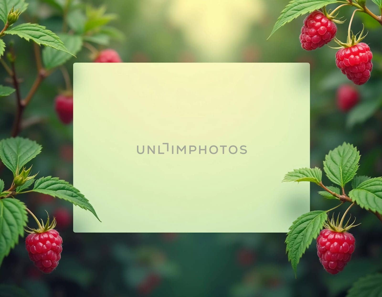 Raspberries hang plump and juicy on green plant, captured in a serene garden setting. The lush foliage radiates freshness inviting harvest. Packaging of tea, jam or cosmetics with raspberry scent. AI.