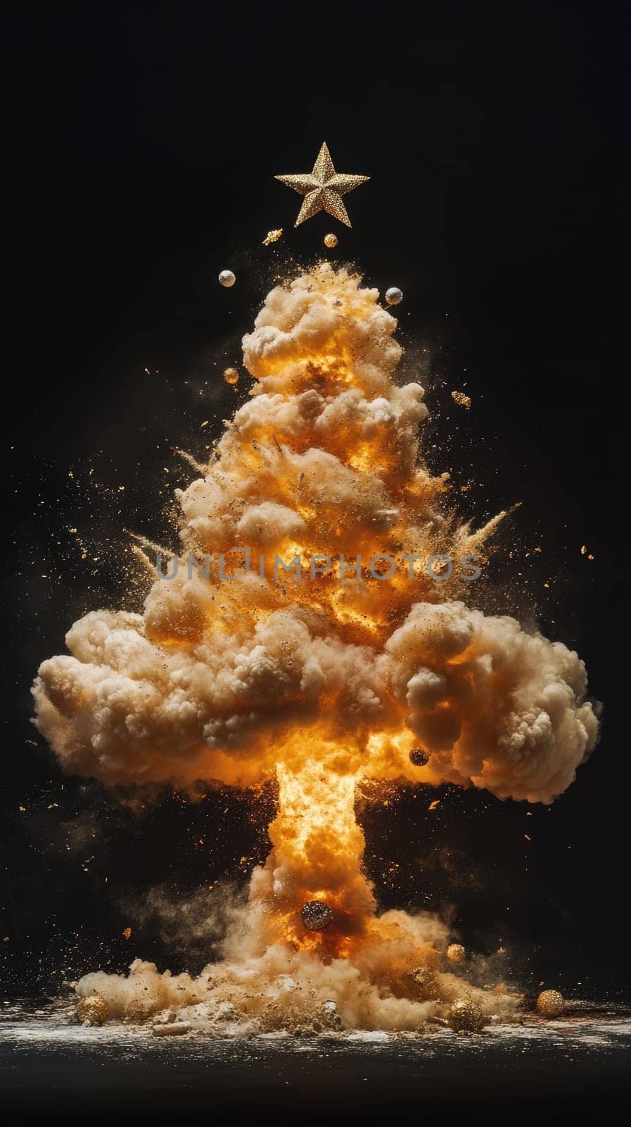 Nuclear mushroom cloud in the shape of a Christmas tree with star on top. Atomic bomb explosion on black background. World war and apocalyptic new year concept.