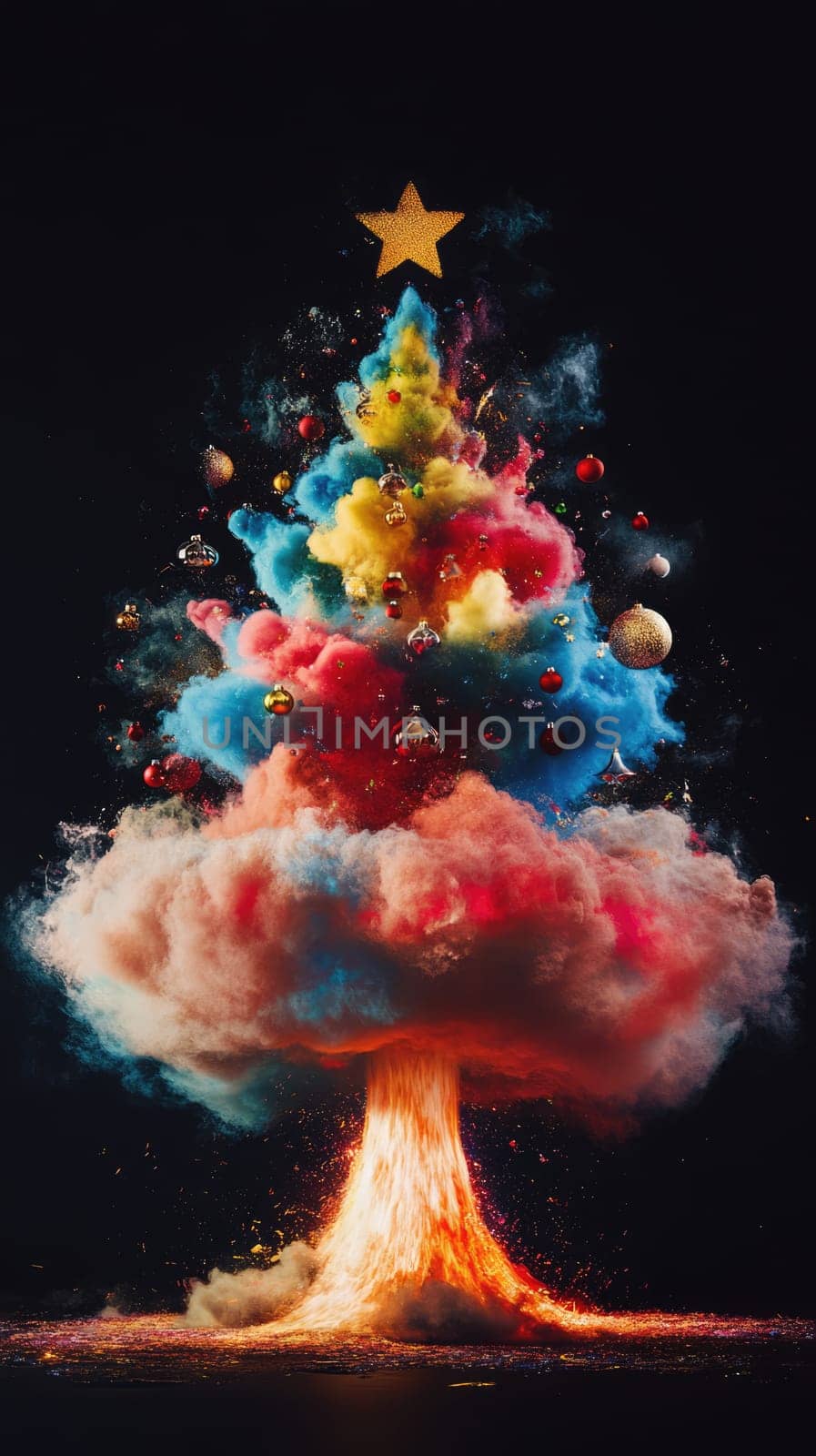 Nuclear mushroom cloud in the shape of a colourful Christmas tree with star on top. Atomic bomb explosion on black background. World war and apocalyptic new year concept.